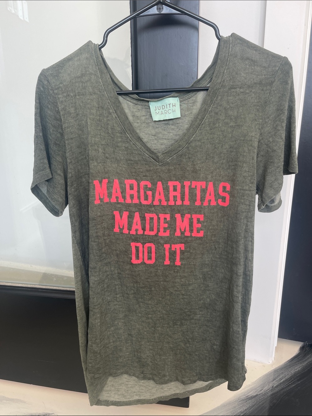 Judith March Olive V-Neck Tee with Hot Pink Slogan